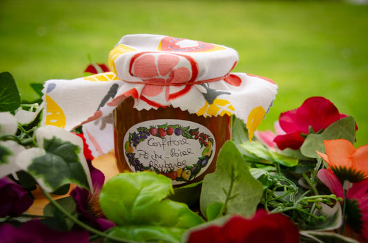 confiture Peches,/Poires/Rhubarbe